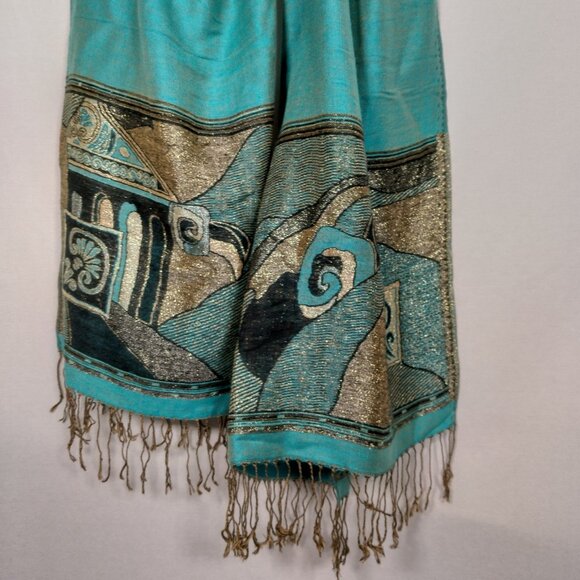 Cashmere Scarf Woven Turquoise Blue Black Metallic Gold Design Fringe Artsy Wrap - Picture 3 of 16